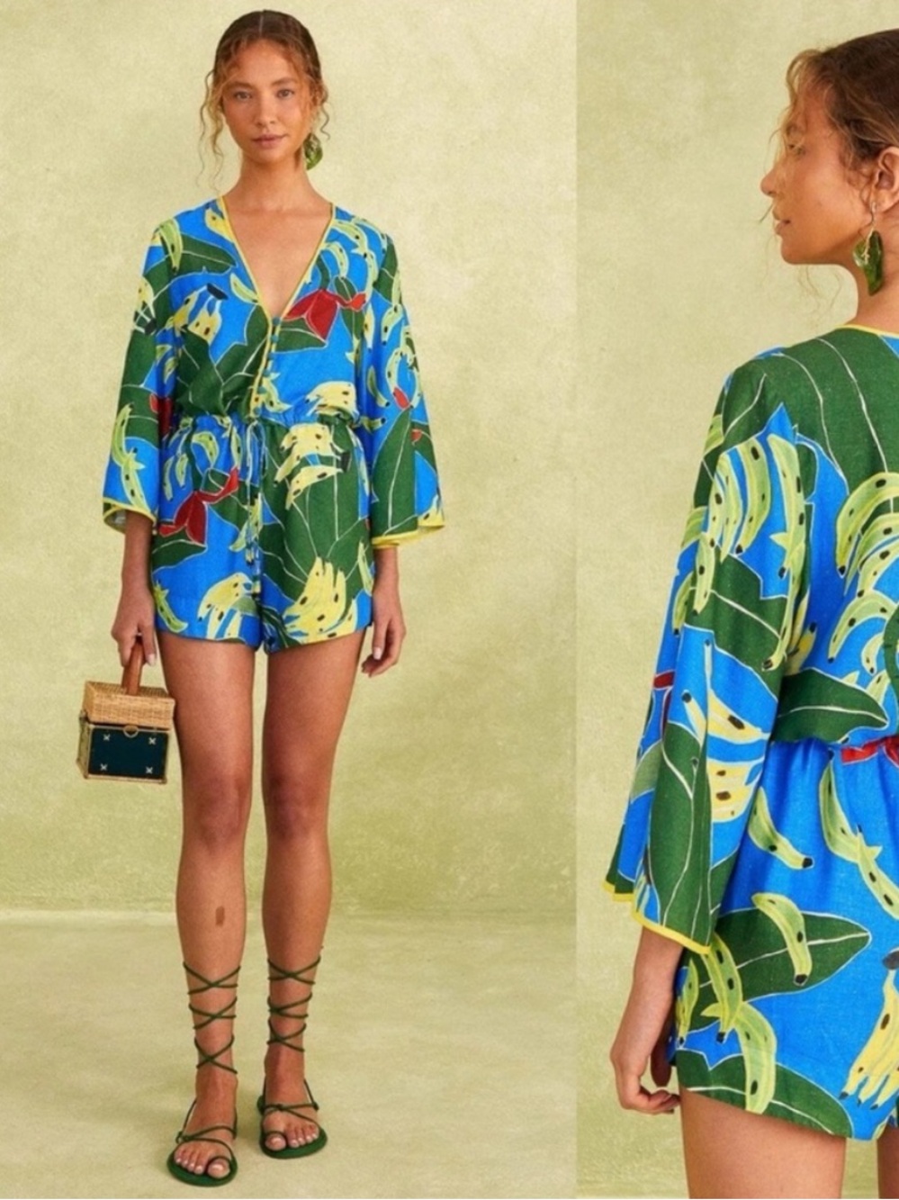 FARM Rio Banana Leave Print Linen Blend Blue Green Yellow Romper Womens XL
